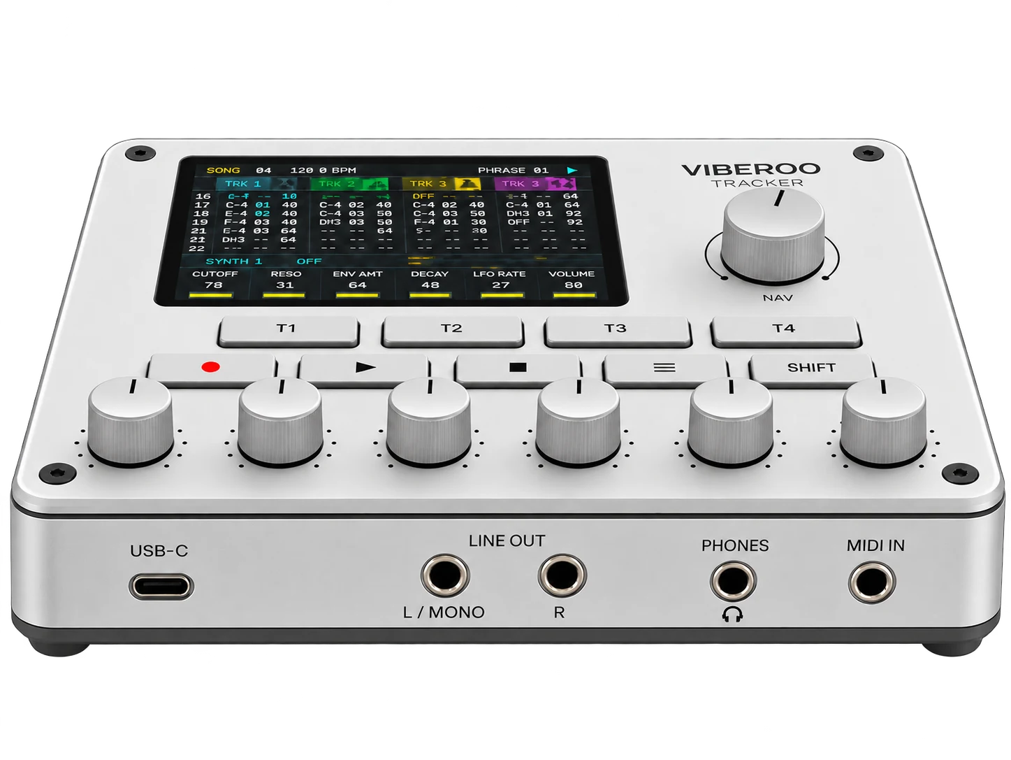 Viberoo Tracker connector panel with USB-C, line outputs, headphones, and MIDI input